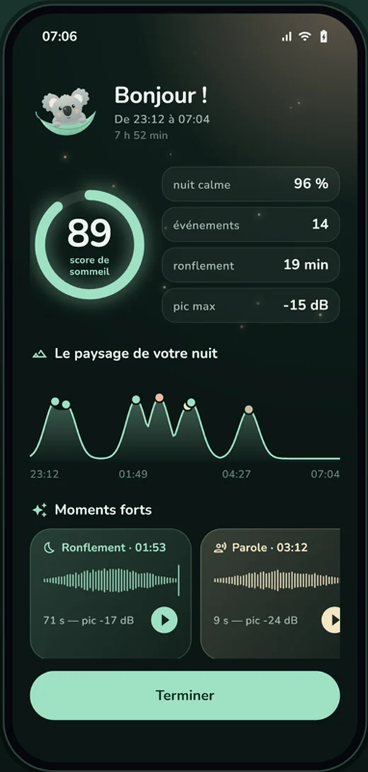 Morning report with a sleep score of 89, a graph of the night and snoring and talking clips